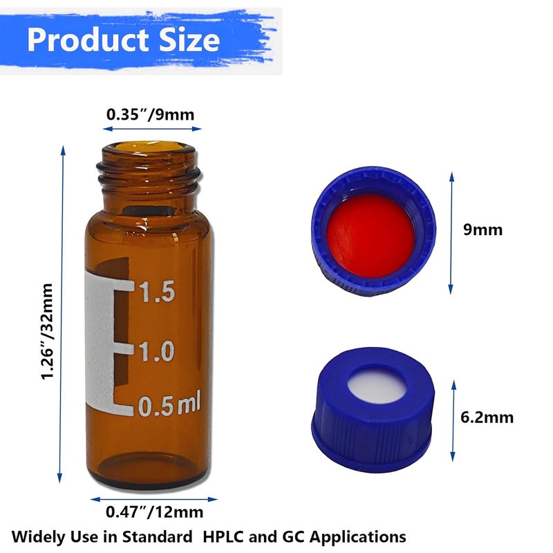 ZYNXTAR 2ml Autosampler Vial HPLC Vials 1000 Pcs Lab Amber Vials Brown Glass Vial with Blue Screw Caps Writing Patch Red PTFE & White Silicone Septa fit for LC Stamper - Image 2